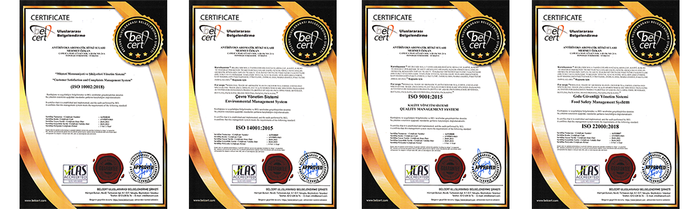Kuruluşumuz Uluslararası: ISO 9001:2015 – ISO 22000 -I SO 14001 – ISO 10002 – OHSAS 18001 belgelerine sahiptir.